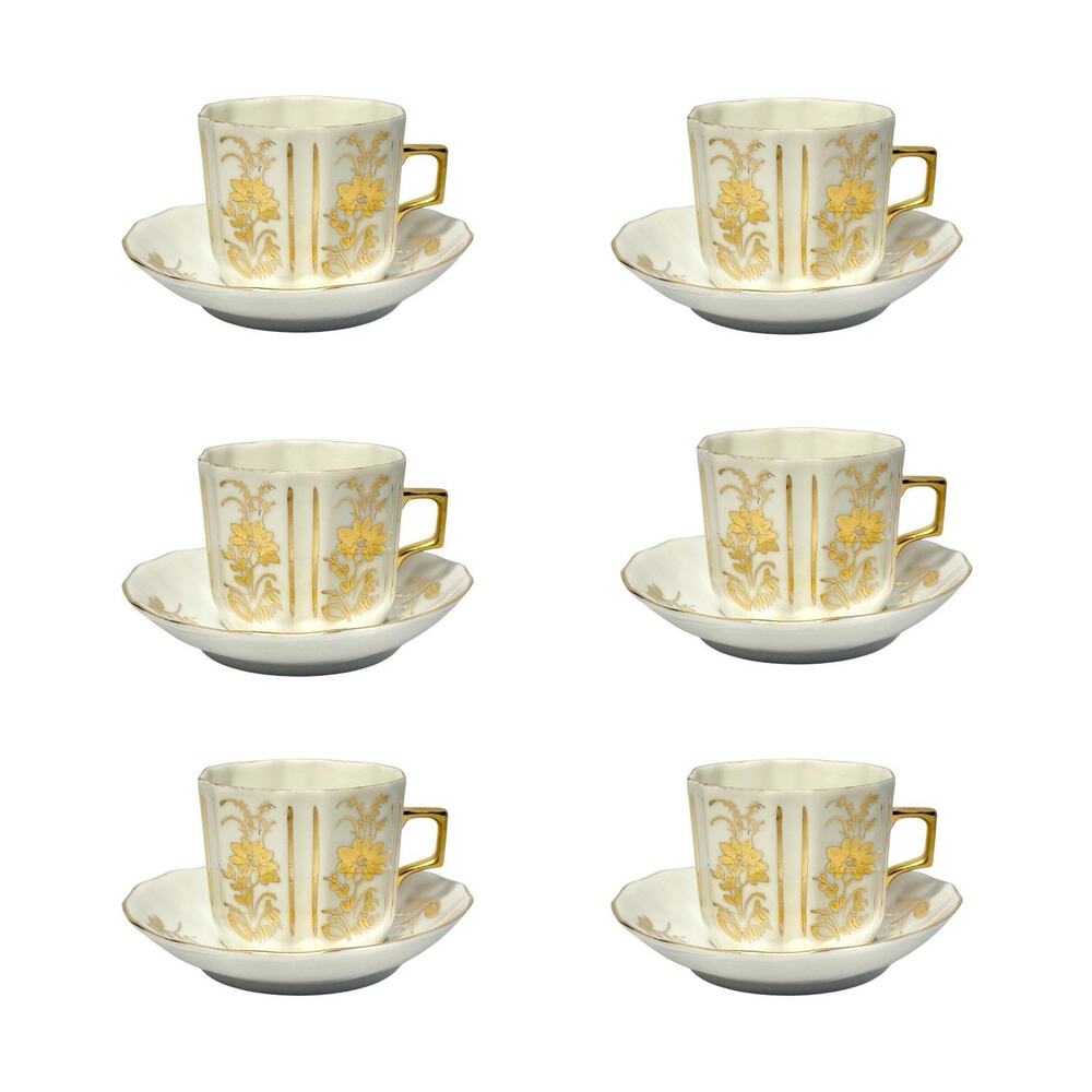 Gardner Verbilki Russian 6 Porcelain Gold Flower Demitasse Espresso Cups Saucers
